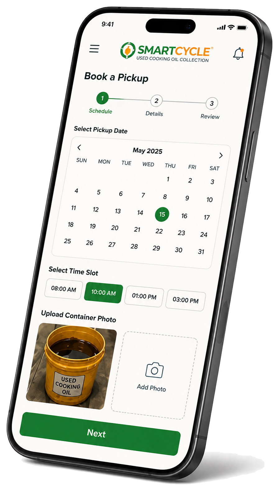 Angled SmartCycle 8 mobile app showing a pickup calendar, time slots and used-oil container photo upload