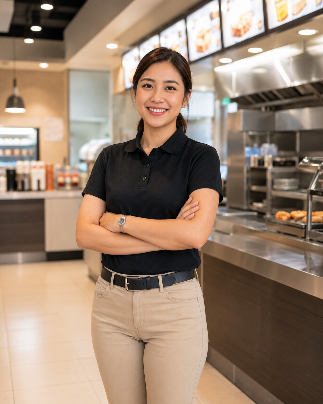 Filipina food-service manager standing in a commercial kitchen.