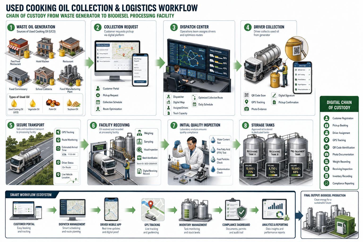 Illustrated used cooking oil collection and logistics workflow from waste generator through dispatch, collection, transport, receiving, quality inspection and storage